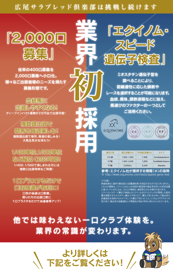 ２０００口募集＆エクイノム・スピード遺伝子検査のご案内